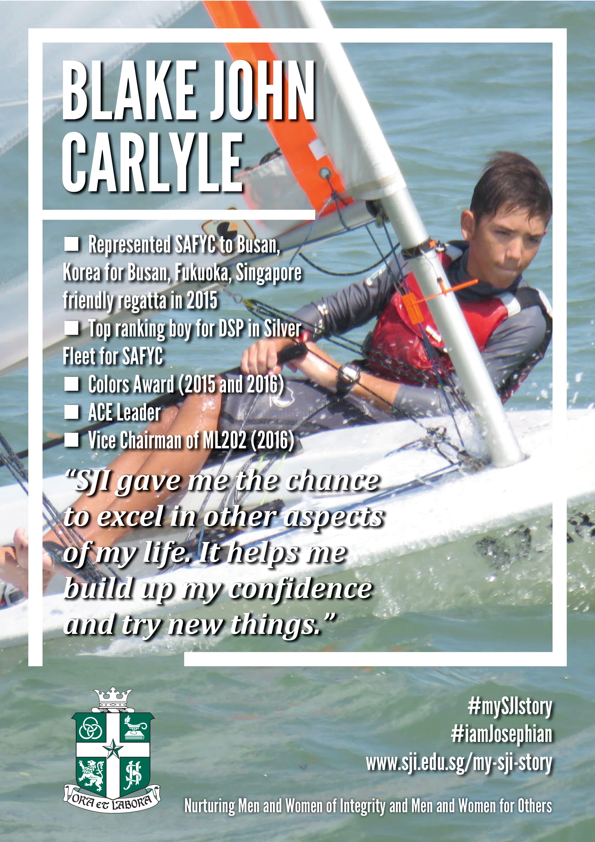 Poster of teen sailing; large text Blake John Carlyle with achievements list and quote over water.